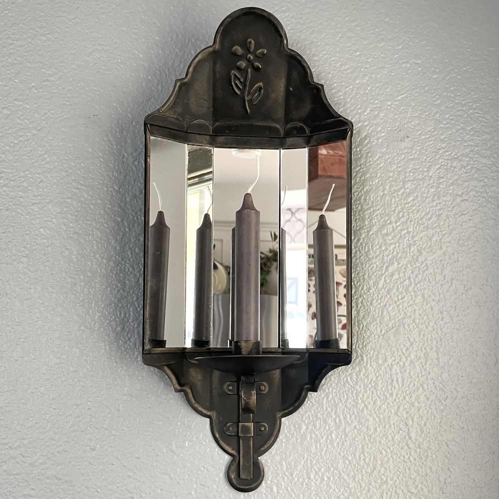 Vintage 5 Panel Mirrored Black Metal Wall Candle Sconce Floral 17"